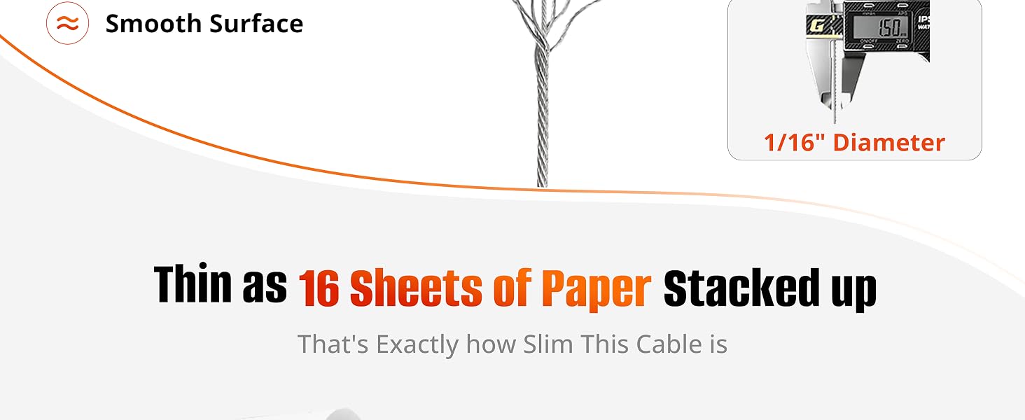 CHIWODA 1/16 inch wire rope has a diameter comparable to about 16 stacked sheets of paper.