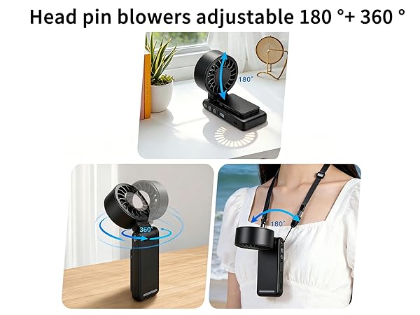 Text reads 'Head pin blowers adjustable 180 °+ 360 °'. Portable fan or hair dryer shown from multiple angles, featuring adjustable head mechanism and charging capability.
