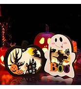 CCINEE 2pcs Halloween Lighted Wooden Table Decoration, Ghost Pumpkin Tabletop Centerpieces LED Bo...