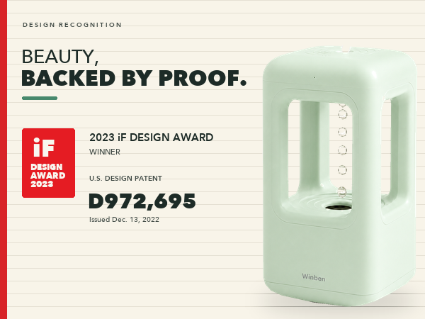 WINBEN anti-gravity humidifier, 2023 iF Design Award winner, U.S. Design Patent D972,695