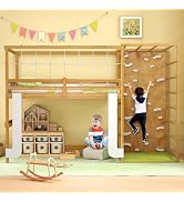 Giantex Twin Bunk Bed with Jungle Gym, 4-in-1 Wooden Loft Bed with Climbing Ladder, Rock Wall & M...