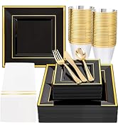 Festiva 350Pcs Black and Gold Plastic Plates - Disposable Square Black Plates include 50Dinner Pl...