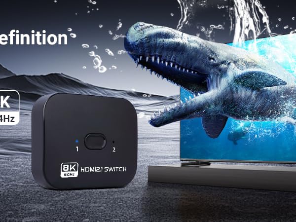 Advertisement showing HDMI device capabilities with 8K, 4K, and 2K resolution support icons