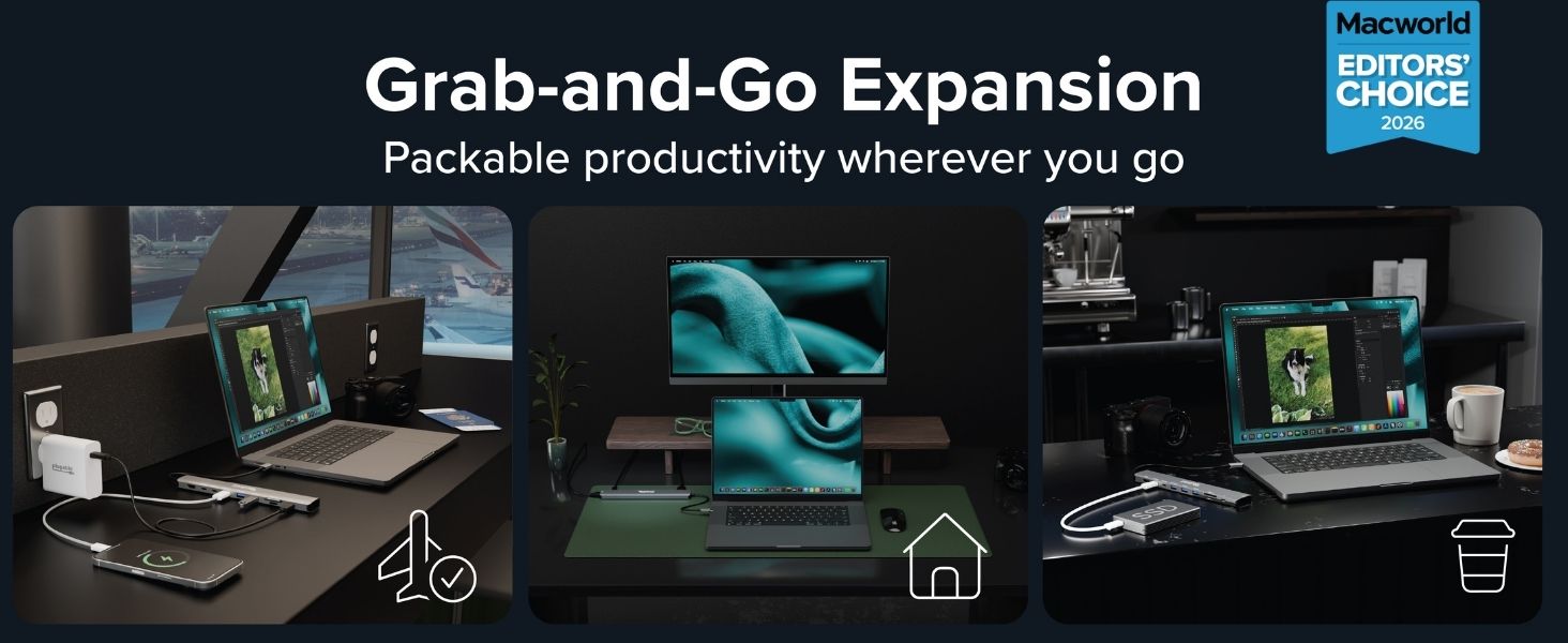 USBC hub with laptop in travel, home, and cafe setups,Grab-and-Go Expansion
