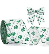 KINGLAKE St Patrick's Day Wired Ribbon - 2.5 Inch Glitter Green Shamrock Ribbon Wired for Wreath ...