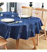 Wolkemer Shiny Oval Jacquard Tablecloth 60 x 84 Inch Navy Blue Floral Countryside Leaves Damask P...
