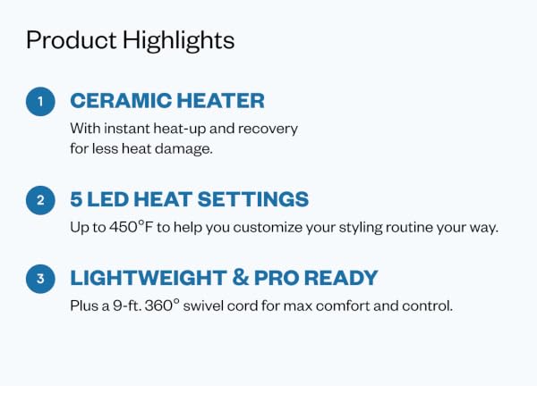 Ceramic heater. 5 LED heat settings. Lightweight and pro ready