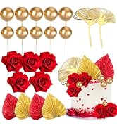 MEMOVAN Red Rose Cake Topper 21PCS Boho Flower Cake Toppers Gold Balls Ginkgo Palm Leaves Cake De...