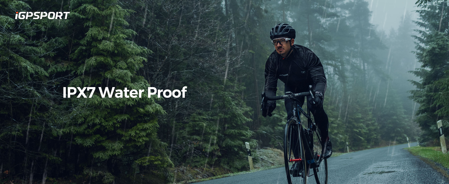 A cyclist riding on a wet forest road in misty conditions, with IPX7 water resistance rating displayed, highlighting waterproof capabilities.