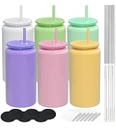 UIRZOTN 6 Pack Glass Cups with Lids and Straws, 16oz Stainless Steels Can Shaped Glass Cups, Beer...