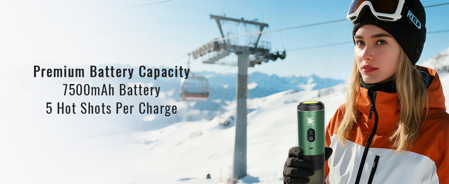 Text reads 'Premium Battery Capacity' and '750mAh Battery 5 Hot Shots Per Charge'. Winter sports scene with ski lift in background.