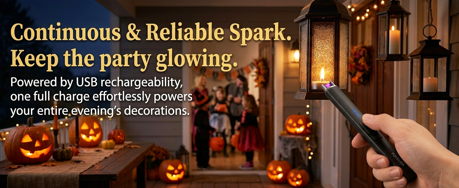 FUKKUDA rechargeable arc lighter igniting a small candle inside a hanging Halloween Lamp