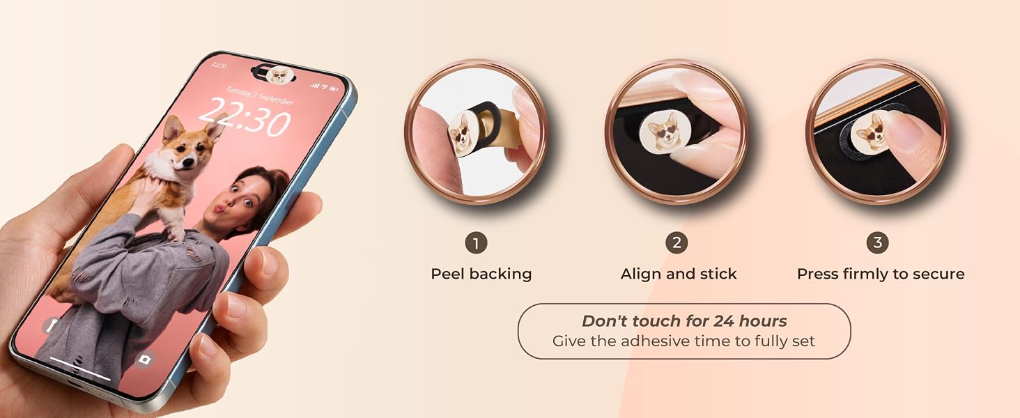 How to: Clean and dry the surface, peel the backing, align, press firmly