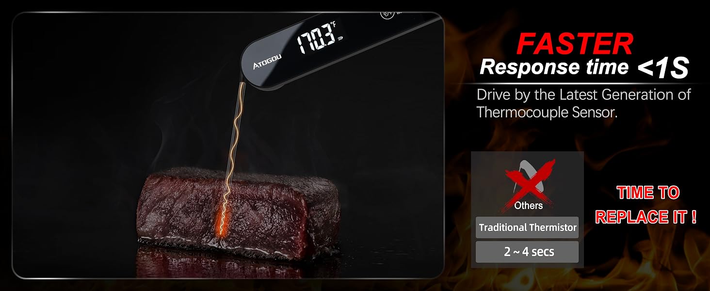 Atogou The Latest Food Thermometer. Faster: <1 Second Response time. More Accurate: ±0.5°F (0.3°C)