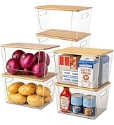 CiWiVOKi 6 Pack Clear Stackable Storage Bins with Bamboo Lids, Plastic Storage Containers with Ha...