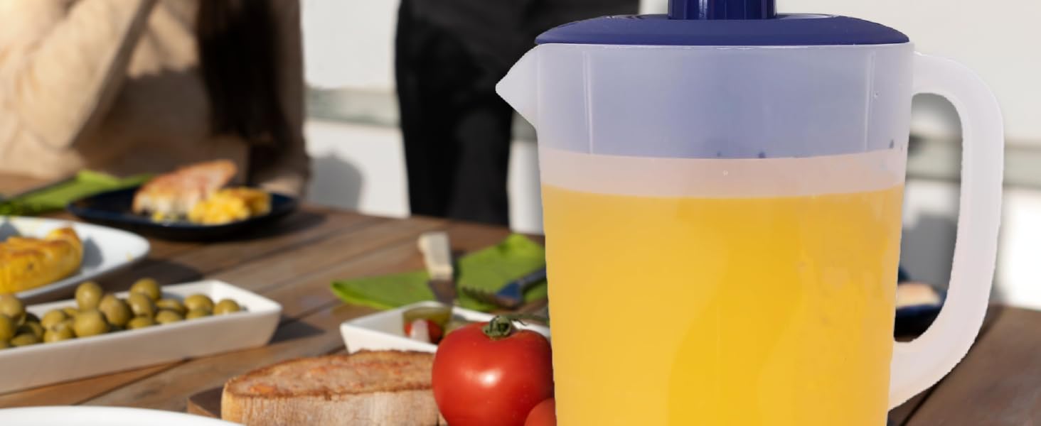 One-gallon plastic pitcher with easy-pour spout and handle, BPA-free and phthalate-free material.