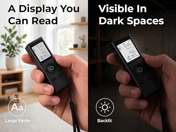 Hand holding a digital laser tape measure, big-font screen lit up in a daylit and a dim room