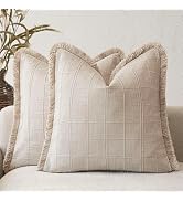 Foindtower Set of 2 Decorative Linen Check Fringe Throw Pillow Covers Farmhouse Vintage Cushion C...