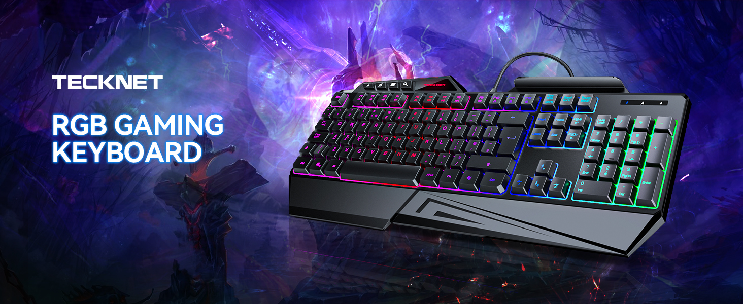 Text reads 'TECKNET RGB GAMING KEYBOARD'. Gaming keyboard with RGB backlit keys displayed against purple cosmic background with lens flare effects.