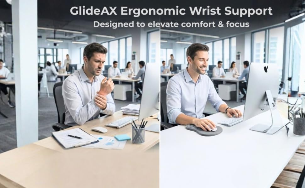GlideAX ergonomic wrist support shown in an office setting with before and after use.