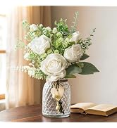 JOHOUSE 12.5inch Artificial Flowers Bulks in Vase, White Fake Roses in Vase with Tags Lifelike Fa...