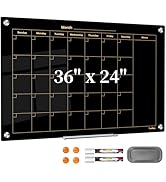 Glass Calendar Dry Erase Board for Wall, TANKEE 36x24 Inches Black Magnetic Glass Whiteboard, Lar...