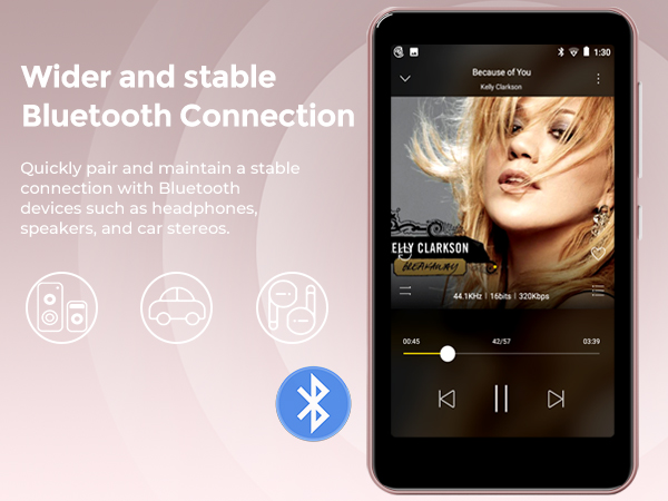 Text reads 'Wider and Stable Bluetooth Connection'. Smartphone interface showing music player screen with Bluetooth icon and circular connection indicators.