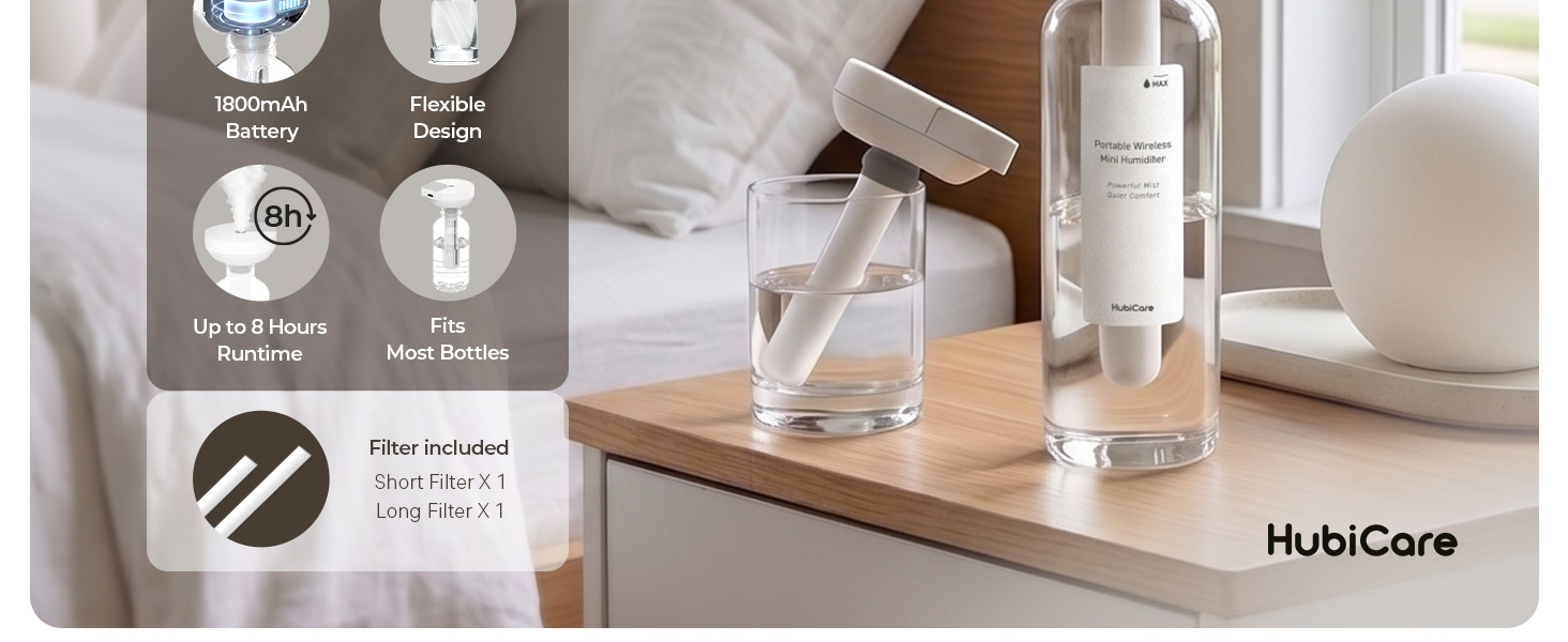 Powerful Mist Flow, USB Charging, 1800mAh Battery, Flexible Design, Filter included