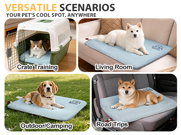 Text reads 'VERSATILE SCENARIOS YOUR PET'S COOL SPOT, ANYWHERE' with labels 'Crate Training', 'Living Room', 'Outdoor/Camping', 'Road Trips'. Blue pet cooling mat shown in four usage scenarios with cats and dogs.