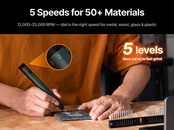 Close-up of the engraving pen 5-bar LED speed indicator while engraving lettering into steel blade.