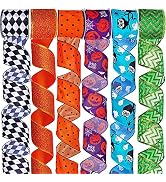 Winlyn 6 Rolls Assorted Halloween Wired Ribbons Decorative Halloween Prints Ribbons Glitter Ribbo...