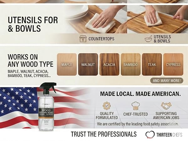 Cleans maple, walnut, acacia, bamboo and teak countertops and wood surfaces