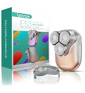 Text reads 'LAXVOX ESS'. Product package showing an electric shaver in rose gold color with three circular cutting heads, displayed alongside its retail box.