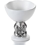 KAMMAK Ceramic Candle Holder with Silver Rabbit Figurine Base -Matte White Scalloped Bowl Pedesta...