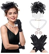 Haakong 1920s Fascinator Hat for Women Flower Headpiece Gloves Necklace Earring for Tea Party Wed...