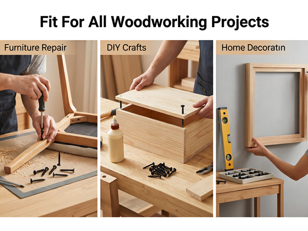Wood screws for furniture repair, DIY crafts and home decoration projects.