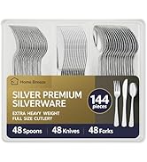 Home Breeze 144 Pack Silver Premium Plastic Cutlery Disposable Silverware Set - 48 Forks, 48 Kniv...