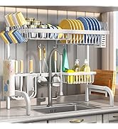 Over The Sink Dish Drying Rack, Adjustable (25.5 to 33.5 inch) 2 Tier Metal Steel Dish Drying Rac...