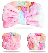 WSYUB Spa Headband and Wrist Bands, Makeup Headband and Wrist Towels for Washing Face, Fuzzy Bow ...