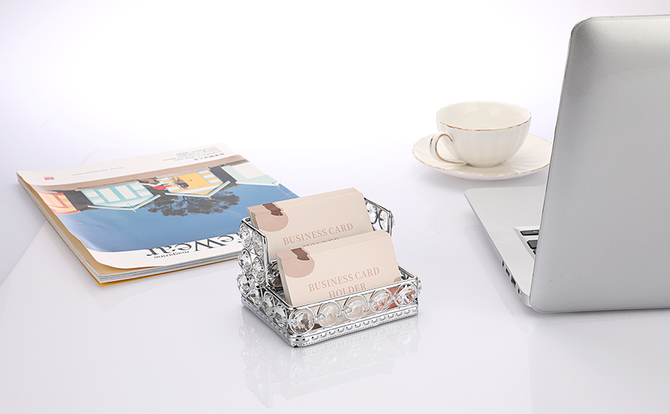 Silvery Business Card Holder 2 Tiers Crystal Business Card Display for Office Business Card Stand