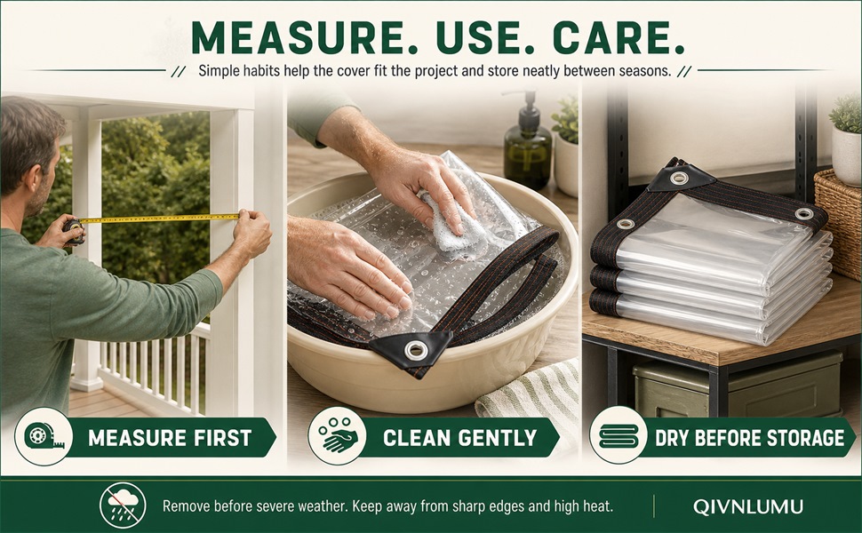 Measuring, gently cleaning and folding a clear vinyl tarp for dry seasonal storage.