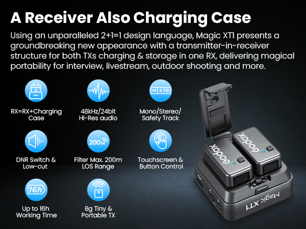Charging case for audio equipment showing technical specifications including 48kHz audio, mono/stereo modes, and 16h working time. Features dual charging slots and button controls.