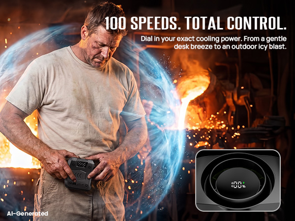100-speed portable belt fan lets users adjust cooling from desk breeze to outdoor blast