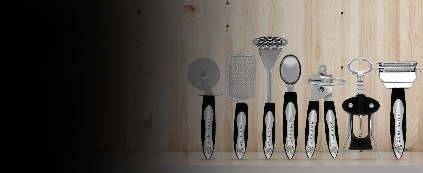 showing additional kitchen gadgets included in the set like cheese grater and pizza cutter
