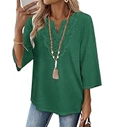 WIHOLL 3/4 Length Sleeve Womens Tops Boho V Neck Lace Shirt Trendy Blouses Dressy Casual Vacation...