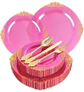 Joyido 125PCS Hot Pink Plastic Plates - Clear Pink Gold Disposable Plates - Hot Pink Party Plate ...