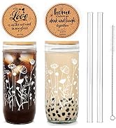 ANOTION Floral Coffee Cups, Mason Jars with Lids and Straws Glass Cups with Wildflower Bamboo Lid...