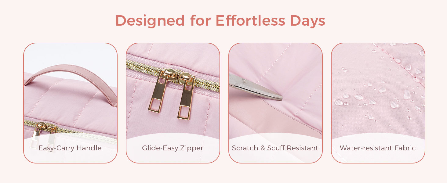 Text reads "Designed for Effortless Days". Four product showcase panels displaying pink hair styling tool, gold-toned hair accessory, silver hair straightener, and pink textured fabric or material sample.