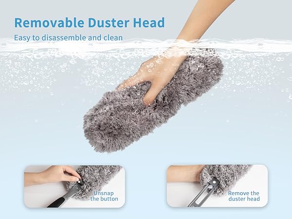 Removable grey duster head with demonstration of cleaning and detachment process shown in three stages underwater.