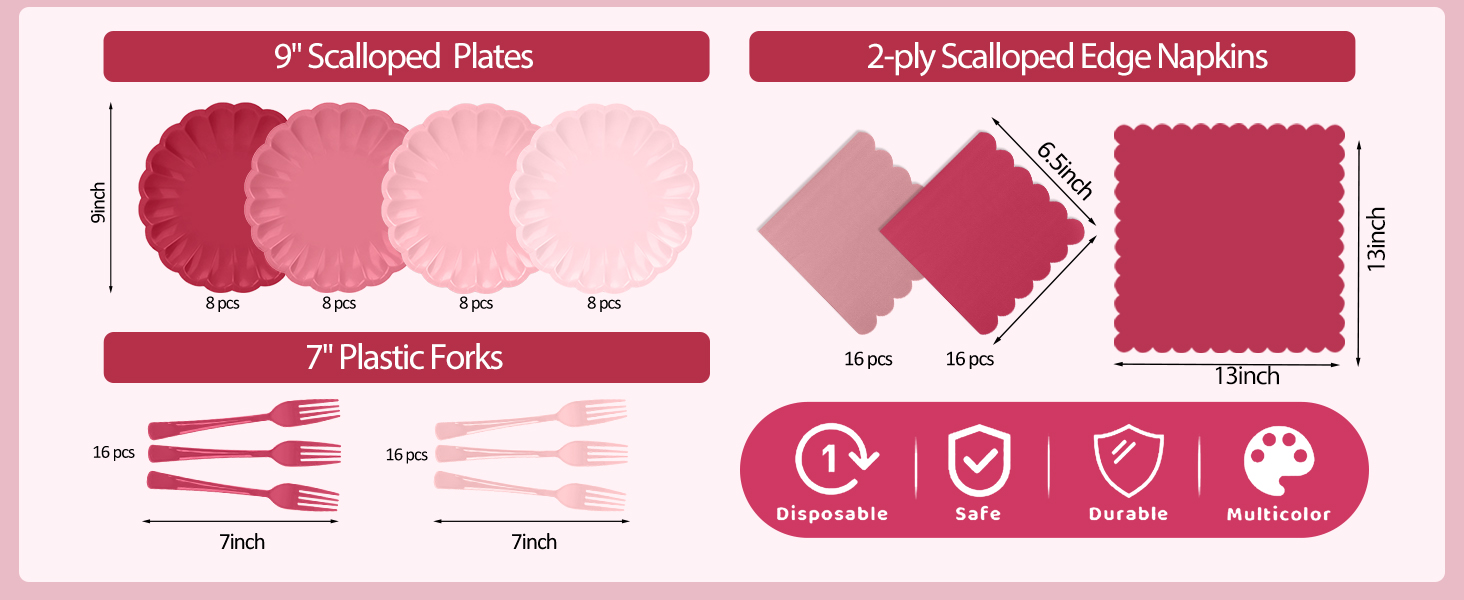 9" Gradient pink Birthday Dessert Paper Plates and Napkins and forks